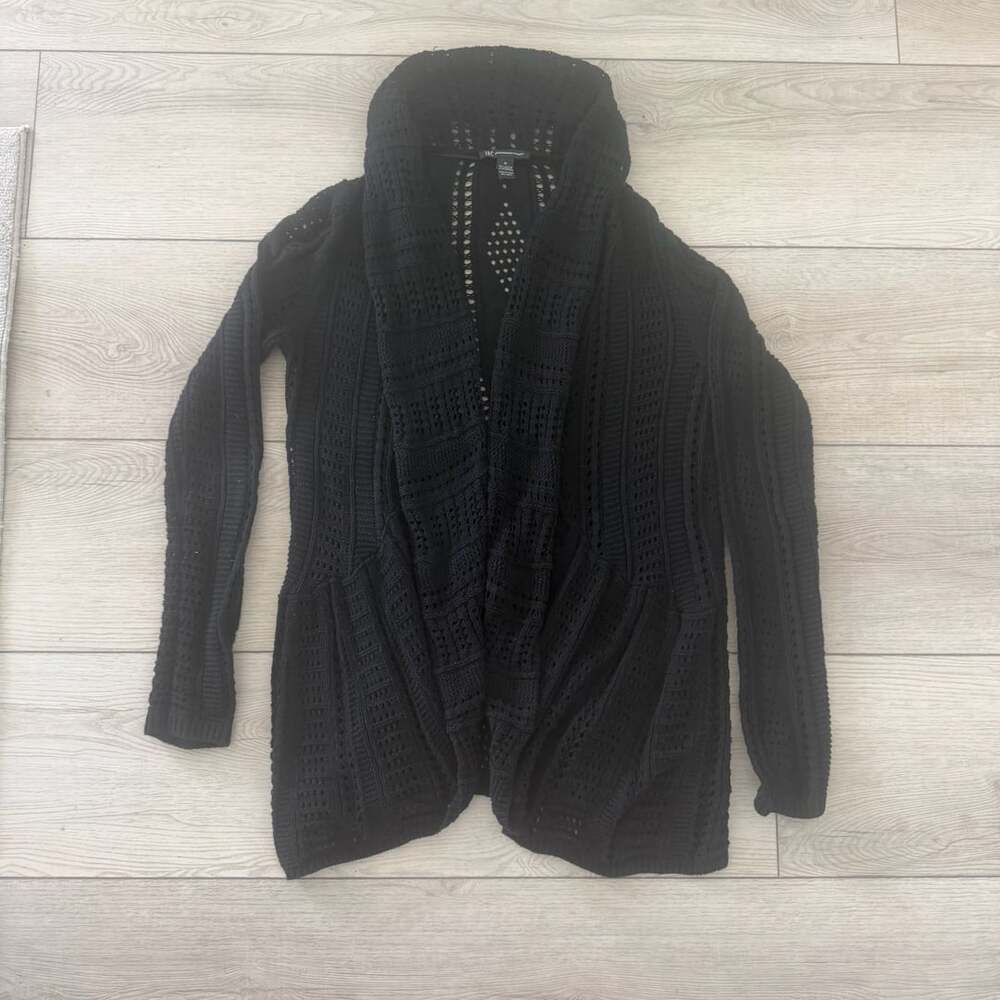 INC International Concepts Cardigan Size M Black Open Knit Sweater